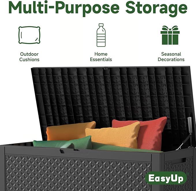 EasyUp 120 Gallon Outdoor Storage Box Waterproof, UV Resistant Resin Deck Box with Hydraulic Rod, Reinforced Stability for Patio, Garden, Quad Leaf Black