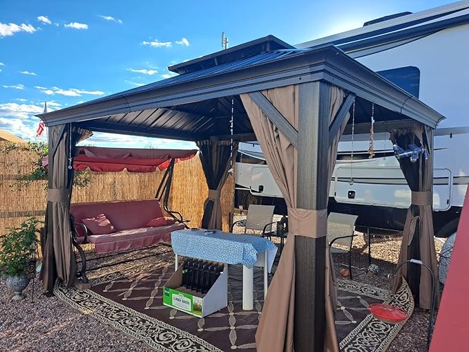 Domi Outdoor Living 10’ X 12’ Hardtop Gazebo, Outdoor Aluminum Frame Canopy with Galvanized Steel Double Roof, Outdoor Permanent Metal Pavilion with Curtains and Netting for Patio, Backyard and Lawn