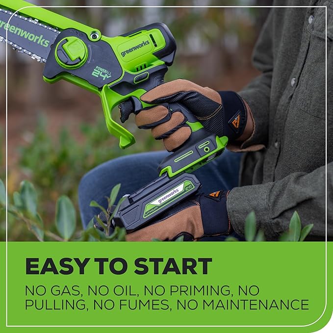 Greenworks 24V 6" Mini Chainsaw Cordless , Small Cordless Handheld Saw, 2.0Ah Battery and Charger Included, for Tree Trimming Wood Cutting, Best Gifts for Dad, Husband