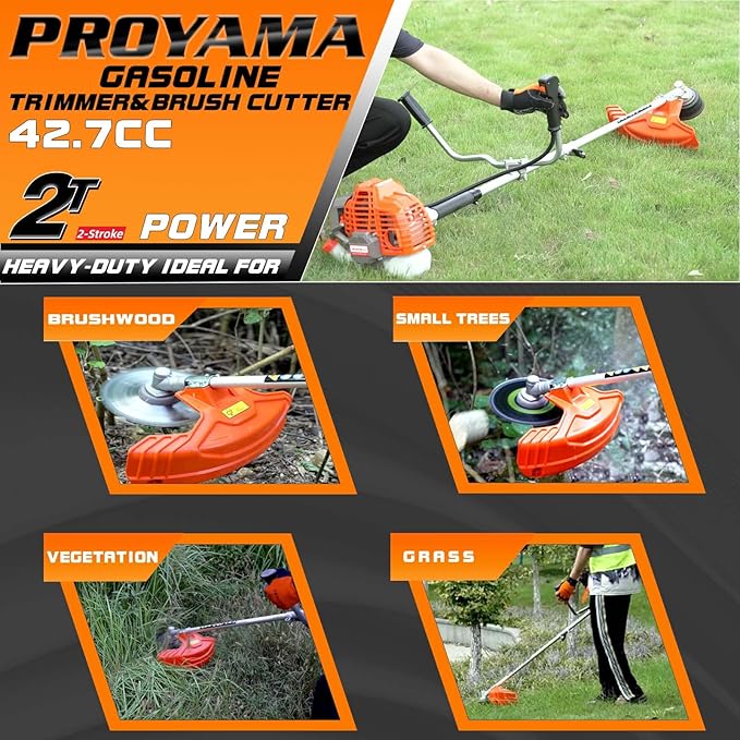 PROYAMA 42.7cc Gas Weed Wacker, 3 in 1 Weed Eater Gas Powered, Brush Cutter and Gas String Trimmer 2-Cycle Extreme Duty, 5 Year Warranty Gearbox, Grass Trimmer 2025 Upgraded…