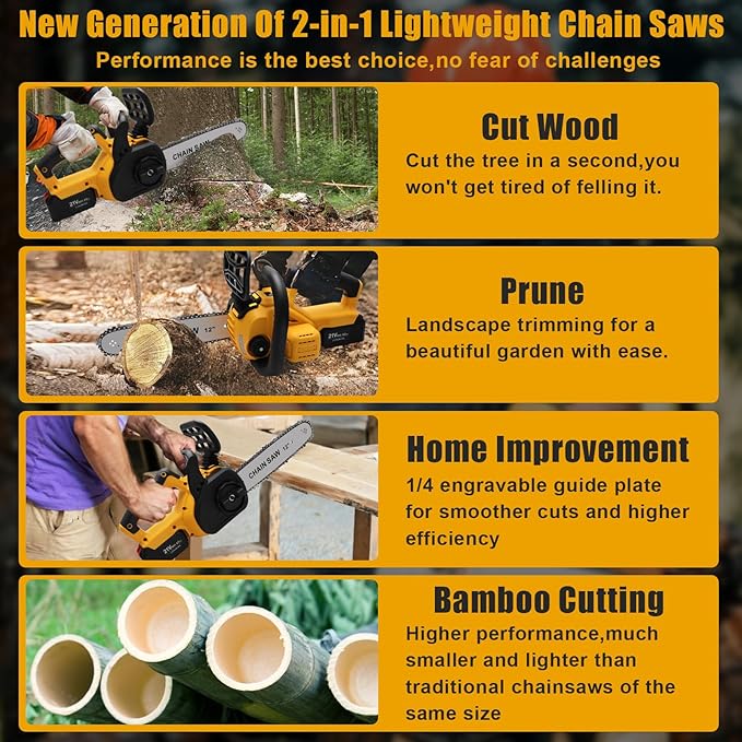 Chainsaw Cordless, 12 Inch Electric Chain Saw, Handheld Brushless Chainsaws with Tool-free Chain Tension & Auto Lubrication, 4000mah*2 Battery (12 Inch Chainsaw)