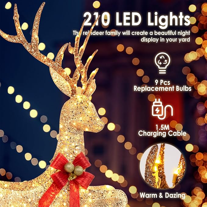 NALONE 4.7 FT Large 3 Pieces Lighted Reindeer Christmas Decoration with 210 Warm White LED Lights, Pre-lit 3D Christmas Deer Family Set Decor Outdoor Yard with Stakes, Bow Ties, Mat