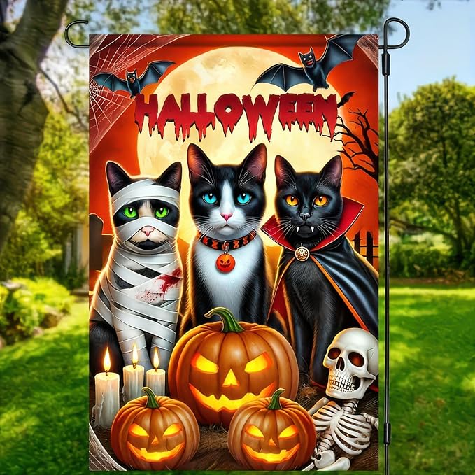 Cute Kitten Garden Flag - 12x18 Double Sided Vertical Flag for Halloween Farmhouse Outdoor Decorative Flag for Yard, Lawn, Patio, Garden Banner