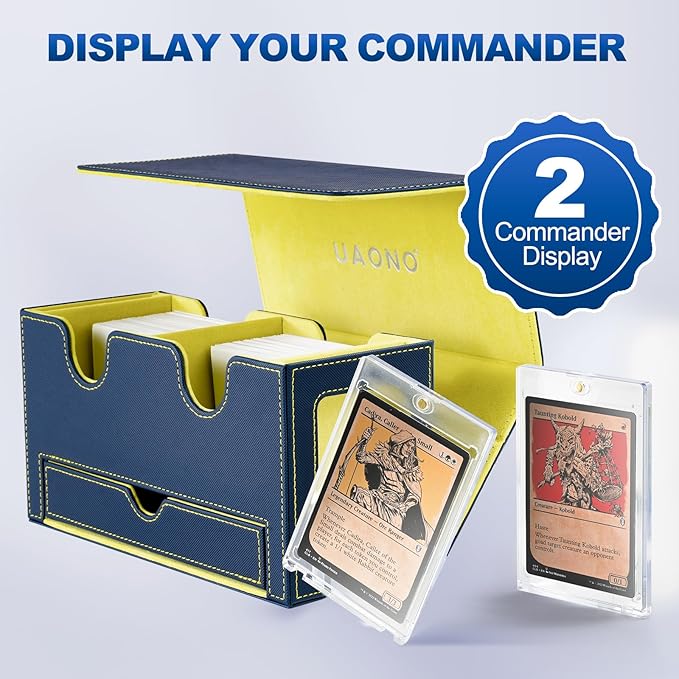 Card Deck Box for MTG, Double Deck Storage Box with 2 Commander Display & 1 Dice Tray, Fits 200+ Double Sleeved Cards, Card Organizer for CCG TCG Sports (Blue Yellow)