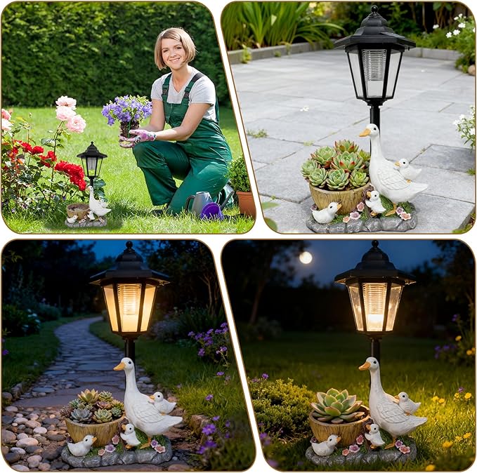 Garden Duck Statues with Solar Lantern Flowerpot Outdoor Decoration, Duck Figurines Yard Art Sculptures for Patio Lawn Backyard Porch Ornaments Unique Housewarming Birthday Gifts for Women Mom