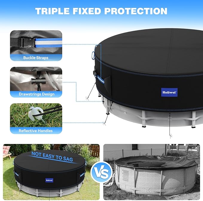 24 Ft Round Pool Cover with Reflective Strips, 420D Swimming Pool Cover for Above Ground Pools, Solar Cover with Drawstring and Ground Nails for Dustproof, UV Protected