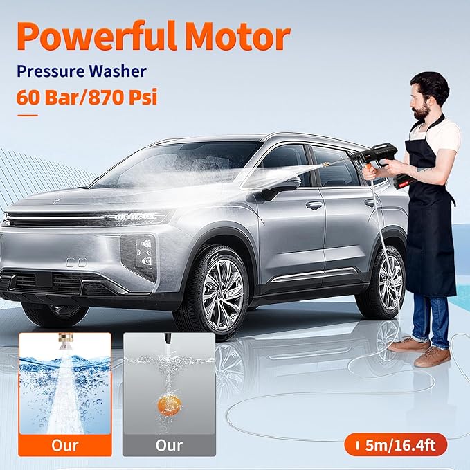 Hidrolavadora Portati, 1500W Cordless Pressure Washer Gun, 60Bar/870 PSI Cordless Portable Pressure Washer with 2 Battery, 2 Nozzles, 5m Hose Cordless Jet Washers, for Cars/Floors/Gardens