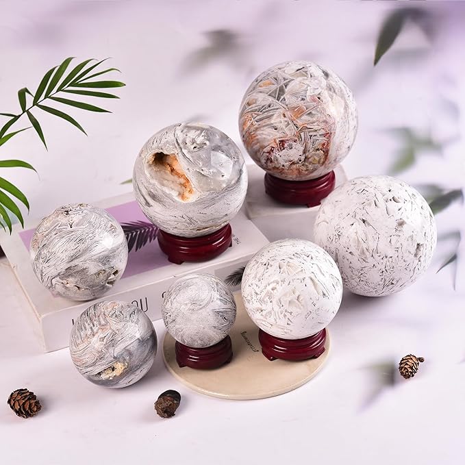 JIC Gem Large Mexican White Agate Crystal Sphere Ball with Wooden Stand White Healing Crystal Decorative Ball 90-100mm