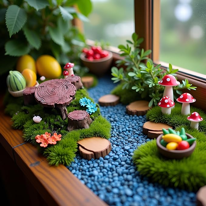 Fairy Garden Kit with 118 Pieces, Miniature Resin Figurines, Mushrooms, Bridge, Steps, Moss, Faux Flowers, Fake Fence, Crystal Gravel & Garden Accessories for DIY Fairy Gardens and Miniature Dioramas