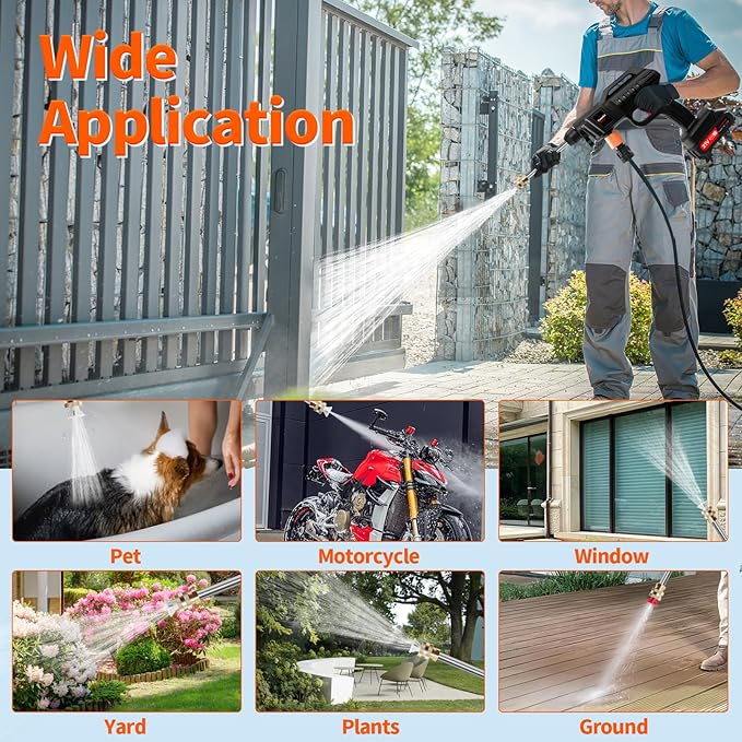 Hidrolavadora Portati, 1500W Cordless Pressure Washer Gun, 60Bar/870 PSI Cordless Portable Pressure Washer with 2 Battery, 2 Nozzles, 5m Hose Cordless Jet Washers, for Cars/Floors/Gardens