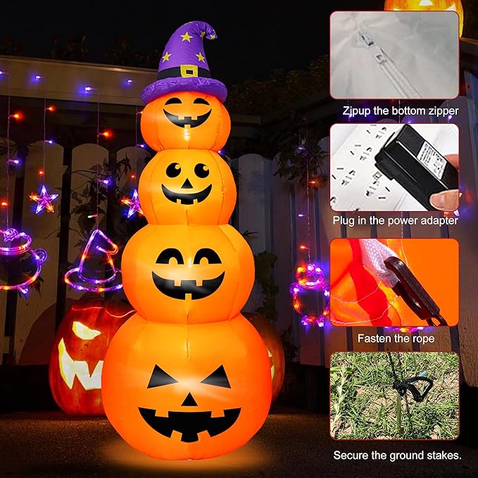 DearSun 8FT H Halloween Inflatable Stacked Pumpkins with Witch’s Hat, Blow up 4 Pumpkins Inflatable with Build-in LED Lights Outdoor Decorations Large Party Yard Decoration