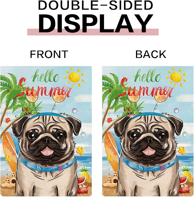 Pug Garden Flags for Outside Set of 12, Dog Welcome Seasonal Garden Flags 12x18 Double Sided for All Seasons and Holidays, Spring Summer Yard Lawn Flag for Outdoor Decor, Pug Decor
