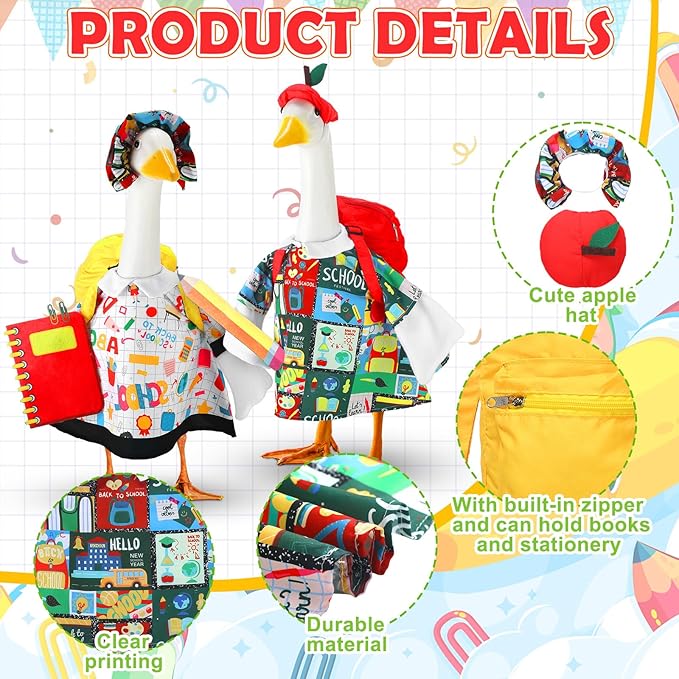 Abbylike Porch Goose Outfits Porch Yard Goose Outfits Clothes Costume Fits Large 23'' Cement for Garden Yard Statue Pathway Decorations(Back to School,2 Set)