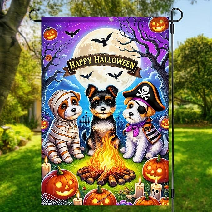 Happy Halloween Garden Flag Double Sided 12x18 Flag With Cute Dogs In Piratedogs Mummy Pirate Campfire Jack-O'-Lanterns Full Moon Garden Flag Outdoor Home Decor Lawn Event Party Supplies
