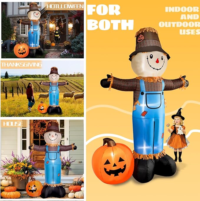 8 FT Fall Inflatables Scarecrow Decorations, Scarecrow with Pumpkin Inflatable Yard Decor Built-in LEDs,Scarecrow Blow Up Yard Decorations for Halloween Thanksgiving Fall Autumn Harvest Lawn Garden
