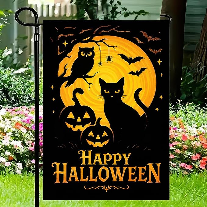 Halloween Garden Flag 12x18 Inch Black Cat Flag Pumpkin Owl Full Moon Double Sided Fall Flags Yard Banner for Outdoor Lawn Porch Garden Holiday Decor