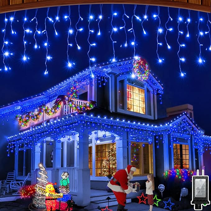 132FT LED Christmas Lights Outdoor with 280 Drops, Christmas Decorations Hanging Lights 980 LED 8 Modes, Outsite Fairy String Lights for Wedding Party Holiday Winter Wonderland Decorations Blue