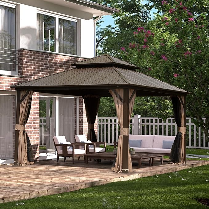 Domi 10' x 12' Hardtop Gazebo Permanent Metal Gazebo with Galvanized Steel Double Roof, Curtains and Netting for Party, Wedding, Outdoor Dining, Patio, Backyard, Brown