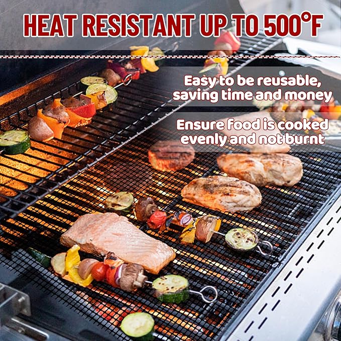 Grill Mesh Mat Set of 6, Non Stick BBQ Grill mats, Heavy Duty Grilling mats Barbecue Grill Accessories, Reusable and Easy to Clean, Works on Gas, Charcoal, Pellet Grill and More, 15.75 x 13inch, Black