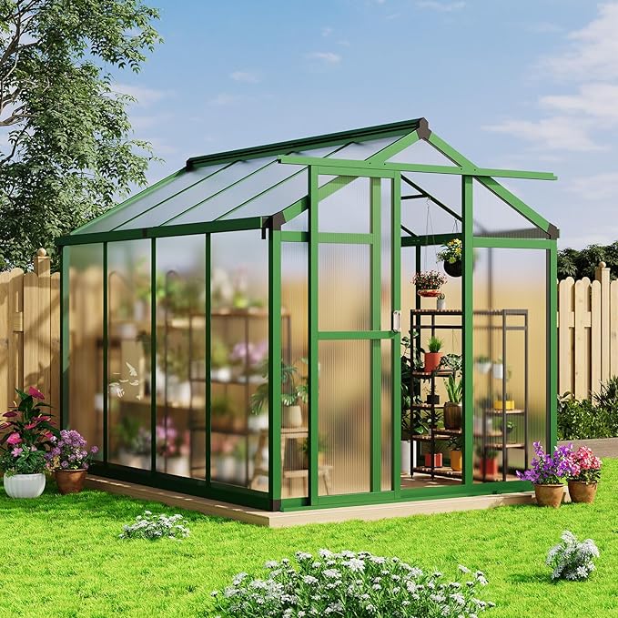 6 X 8 FT Greenhouse, Heavy-Duty Polycarbonate Large Walk-in Greenhouse Roof Vent ,Aluminum Frame & Lockable Door, for Backyard, Green Houses for Outside Garden Backyard