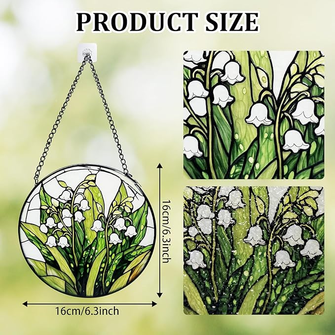 Stained Glass Window Hanging, Lily of The Valley Flower Diamond Glass Panel Suncatcher Green Plant Sun Catchers for Home Garden Balcony Window Decor, Plant Lover Gifts (6.3 Inch)