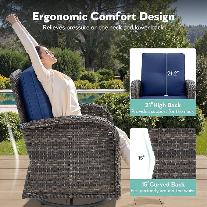 7 Piece Patio Furniture Set - Wicker Patio Conversation Set with Swivel Glider, Glider Loveseat, Tempered Glass Side Table and 2 Ottomans for Deck Backyard - Brown Wicker Blue Cushion