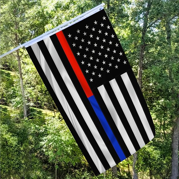 Embroidered Thin Blue and Red Line Flag 3x5 Outdoor Police Firefighter Flag Polyester Fiber Bright Color with Durable Canvas Header and 2 Non Fading Brass Grommets