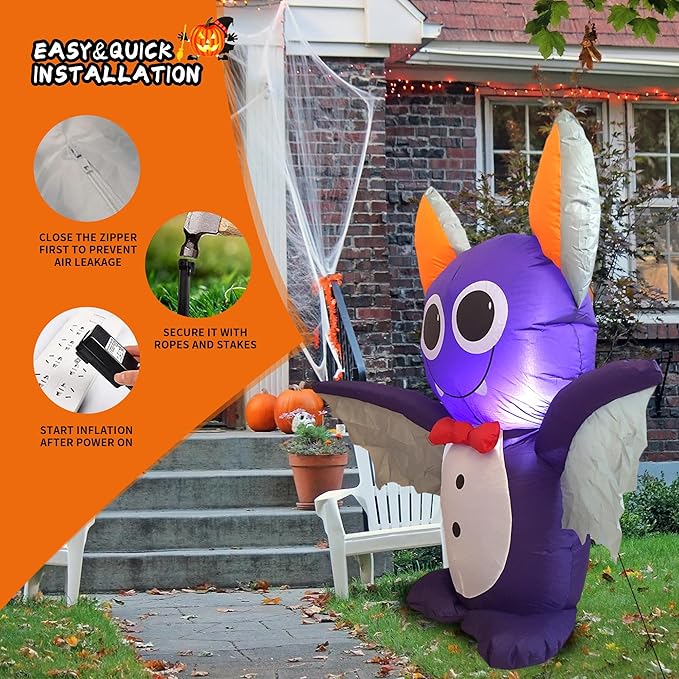 Dearsun 4FT H Adorable Halloween Inflatable Purple Bat with Build-in LED Lights Blow up Outer Indoor Decoration Large Party Yard Decoration