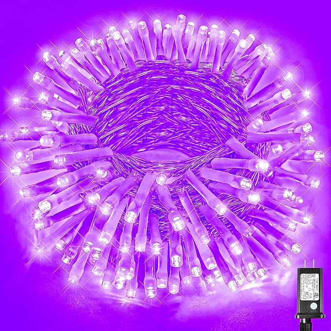 Vivideal 99ft 300 LED Halloween Lights Outdoor Waterproof, Purple String Lights Clear Wire with 8 Modes Plug in Purple Christmas Light for Tree Party Halloween Decorations