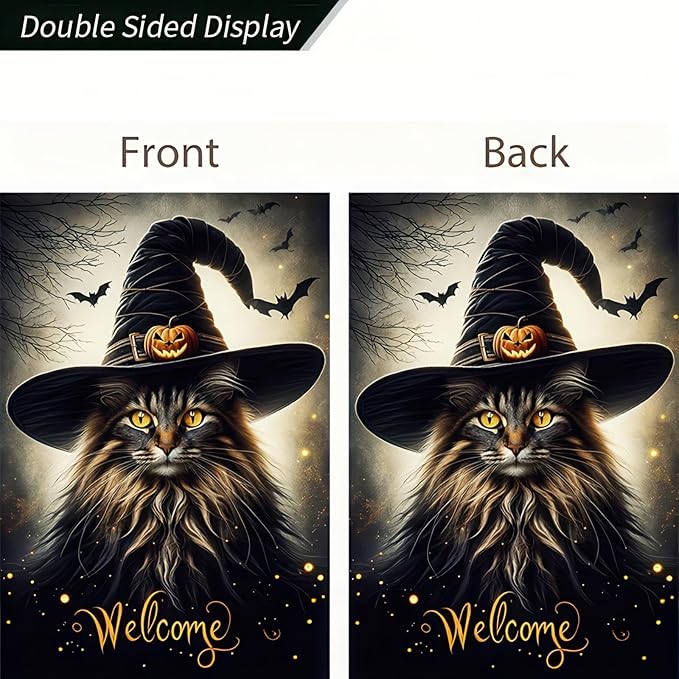 Double Sided Vertical Flag - 12x18 Halloween Cat Garden Flag for Outside, Fall Holiday Outdoor Decorative Flag