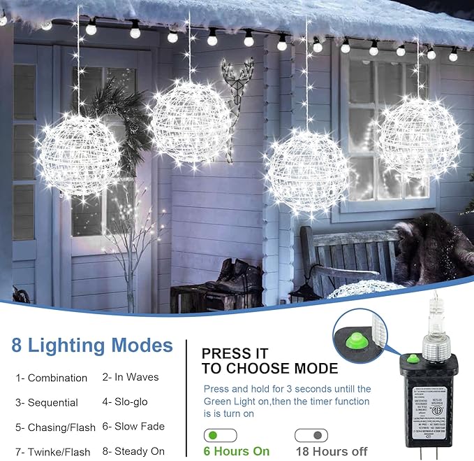 Christmas String Lights Outdoors,4 Pack 11.81" Sphere Lights,Ball Tree Garden Globe Lights for Home, Party, Christmas, Porch Patio,Wedding, Garden,Tree Decoration with Plug