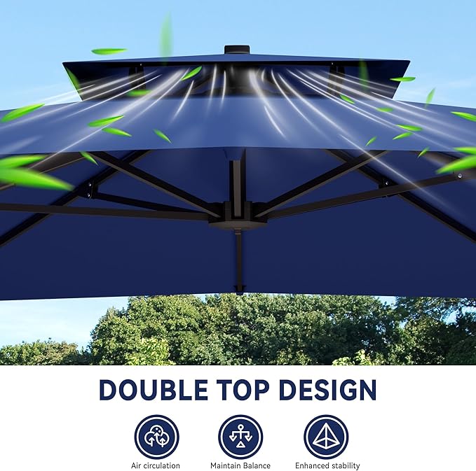 10x13 FT Cantilever Patio Umbrella with Base Included Double Top Outdoor Rectangular Large Heavy Duty Aluminum Offset Umbrellas with 7 Level Tilt 360-degree Rotation for Pool Garden Deck, Navy