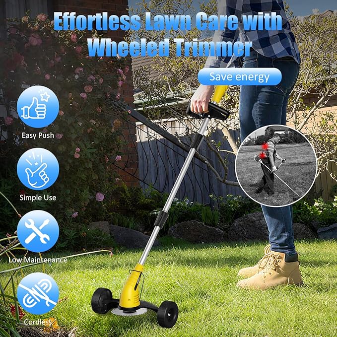 Electric Weed Wacker Cordless： String Trimmer with Roller 2Types Blades - 2.0Ah 12V Battery Powered Lightweight Grass Cutter/Mower for Yard and Garden, Yellow