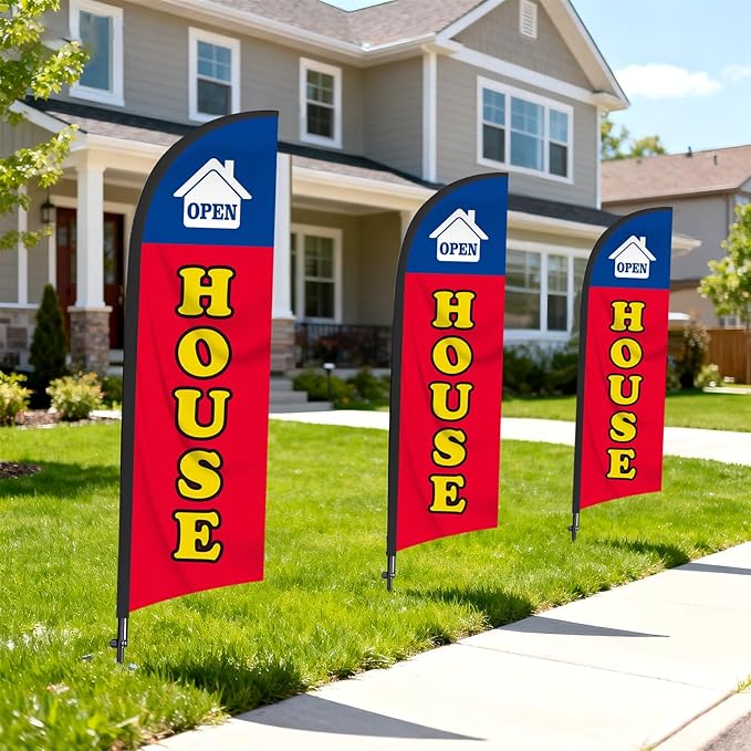 3 Pack Open House Flag for Real Estate 8 Ft Open Feather Flags Banner with Pole Kit and Ground Stake for Outside Outdoor