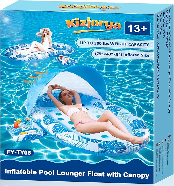 2025 New Pool Floats Adult with Canopy and Cup Holder, 3-in-1 Inflatable Pool Lounge Floaties for Swimming Pool Lake Beach Water, Raft Lounger Floating Chair for Adults Heavy Duty