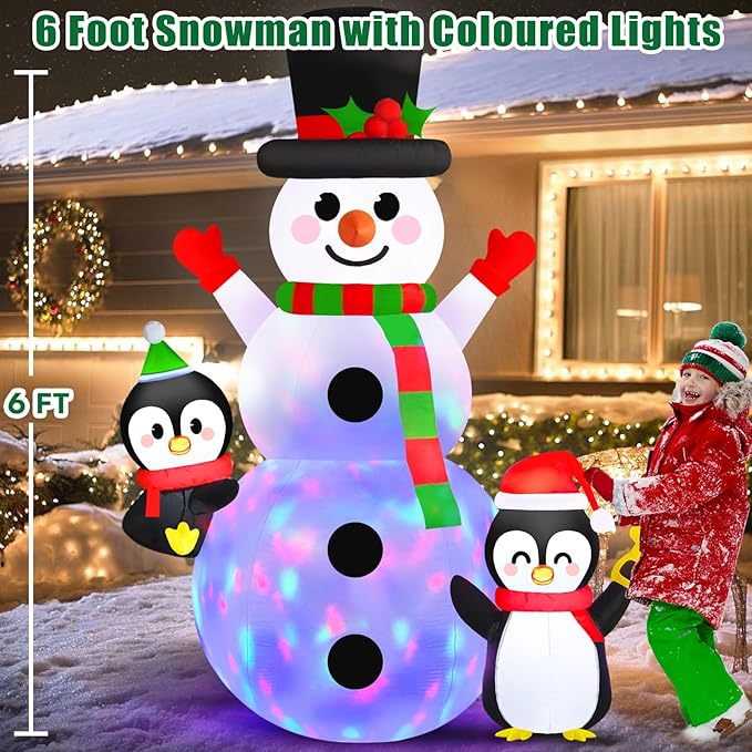 Danxilu 6 FT Christmas Inflatable Outdoor Decoration, Snowman with Penguins Built-in Rotating Colorful LED Lights, Christmas Inflatables Blow Ups Yard Decor for Garden Lawn Xmas Holiday Party