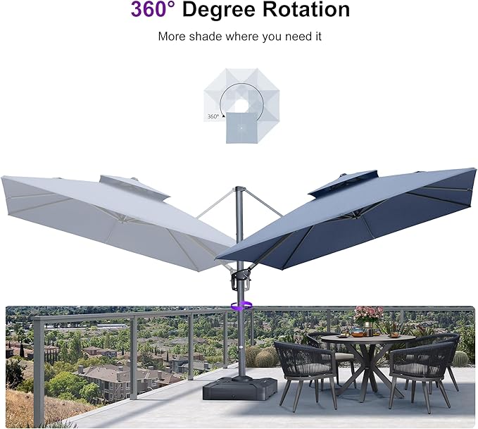 PURPLE LEAF Cantilever Umbrella with Base Included 10FT Outdoor Double Top Large Offset Hanging 360° Rotation Heavy Duty Square Umbrella for Garden Patio Deck Pool Backyard Spectrum Denim