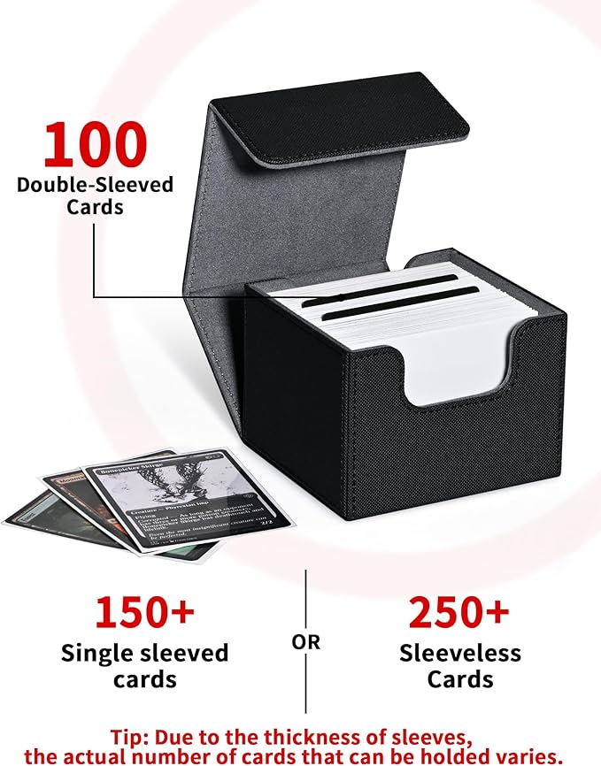 ZLCA Card Deck Box with 2 Dividers for MTG Cards, Large Horizontal Card Storage Box Fits 150+ Single Sleeved Cards, PU Leather Commander Deck Box for TCG CCG (Black& Blue)