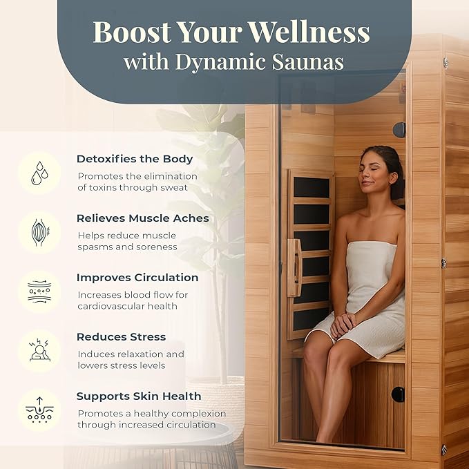DYNAMIC SAUNAS Elite 1 Person Compact Ultra Low EMF FAR Infrared Sauna with Red Light Therapy & Bluetooth Speakers - Personal Indoor for Home & Gym
