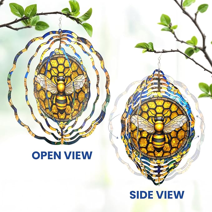FLAGWIX Christmas Bee Wind Spinners Outdoor - 3D Stainless Steel Metal Wind Spinners 12 in - Bee Gifts Decorations for Home, House Outdoor Garden Decor for Outside, Christmas Garden Gifts for Women