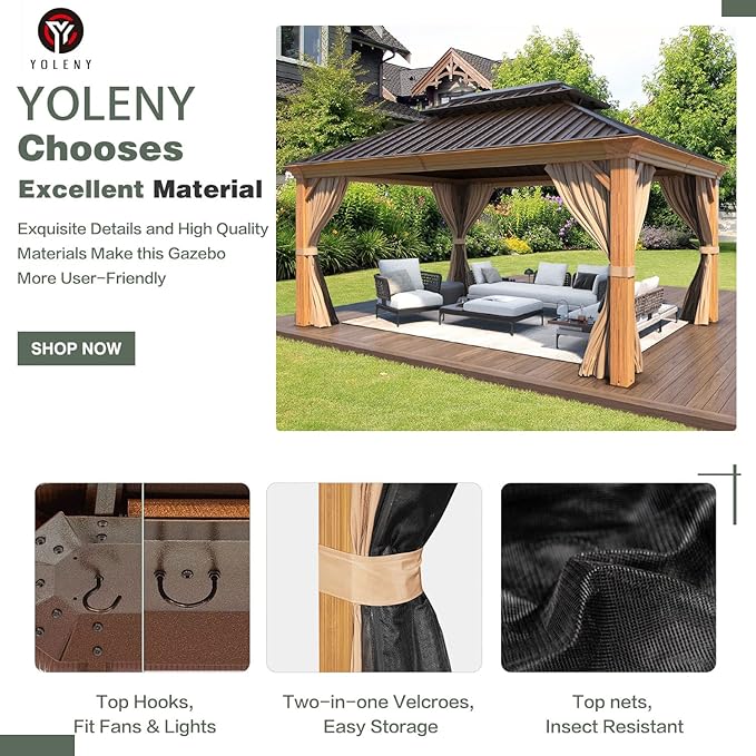 YOLENY 12' x 14' Hardtop Gazebo, Wooden Finish Coated Aluminum Frame Gazebo with Galvanized Steel Double Roof, Outdoor Permanent Metal Pavilion with Curtains and Nettings for Patio, Lawn & Garden