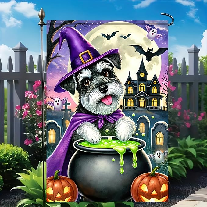 Halloween Schnauzer Garden Flag 12x18 Vertical Double Sided Happy Halloween Pumpkin Dog Garden Flag Holiday Outside Decorations Yard Flag Funny Yard Flags Outside Decor Banner