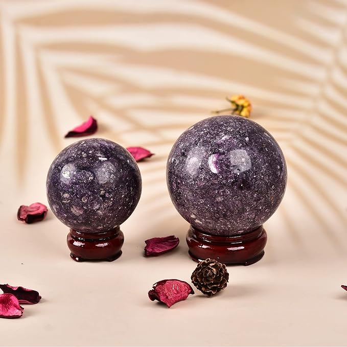 JIC Gem Deep Purple Lepidolite Sphere with Stand Natural Sparkling Lithia Mica Crystal Ball Brazil Mineral Gemstone (70-80mm)