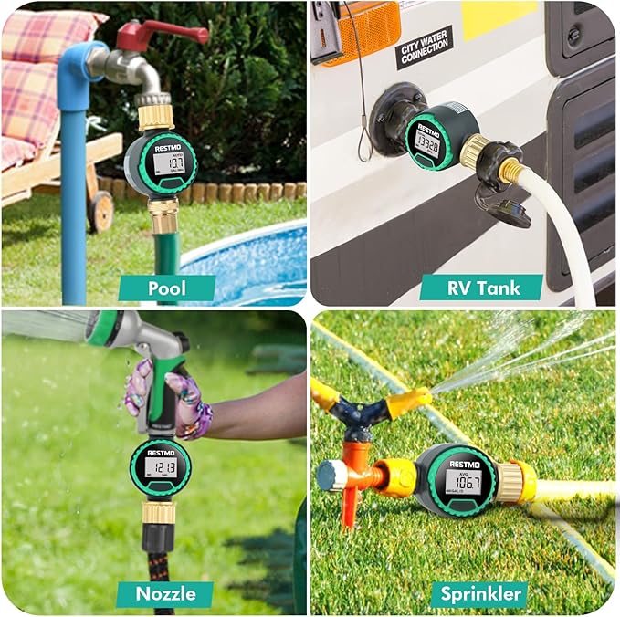 [2 Pack] RESTMO Water Flow Meter, 360° Rotatable Control Panel and Brass Inlet & Outlet, Measure Gallon/Liter Consumption and Flow Rate, for Garden Hose Nozzle Watering, RV Water Tank Filling