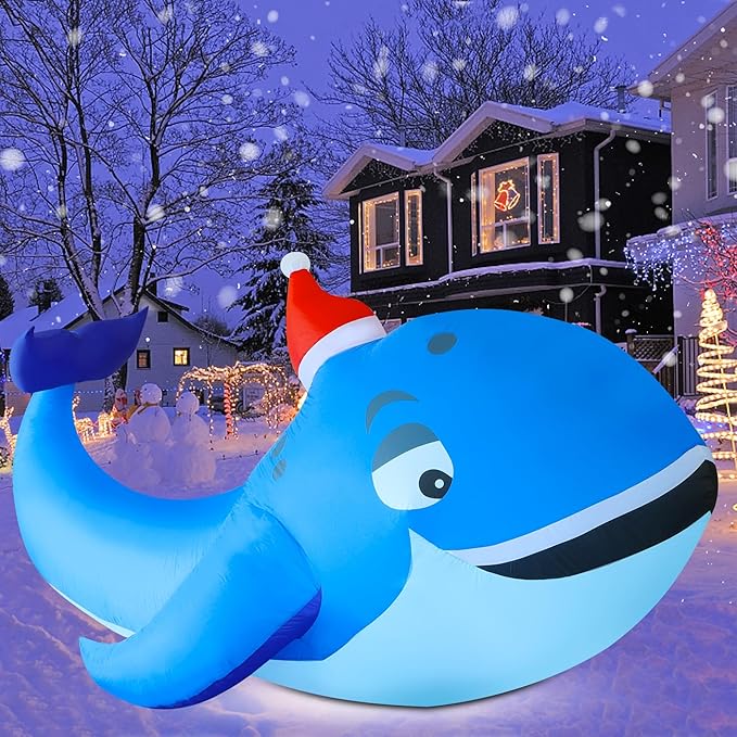 DR.DUDU 10 FT Christmas Inflatable Outdoor Decorations, Blow Up Whale Inflatables with Santa Hat LED Lights for Yard Lawn Garden Outside Large Xmas Holiday Decoration