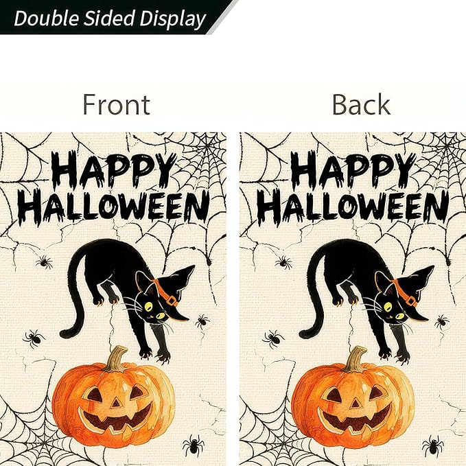 Garden Flags 12x18 Inch Halloween Black Cat Pumpkin Spider Web Design Fall Outdoor Banner Holiday Yard Decoration for Porch Lawn Garden Party Display Sign