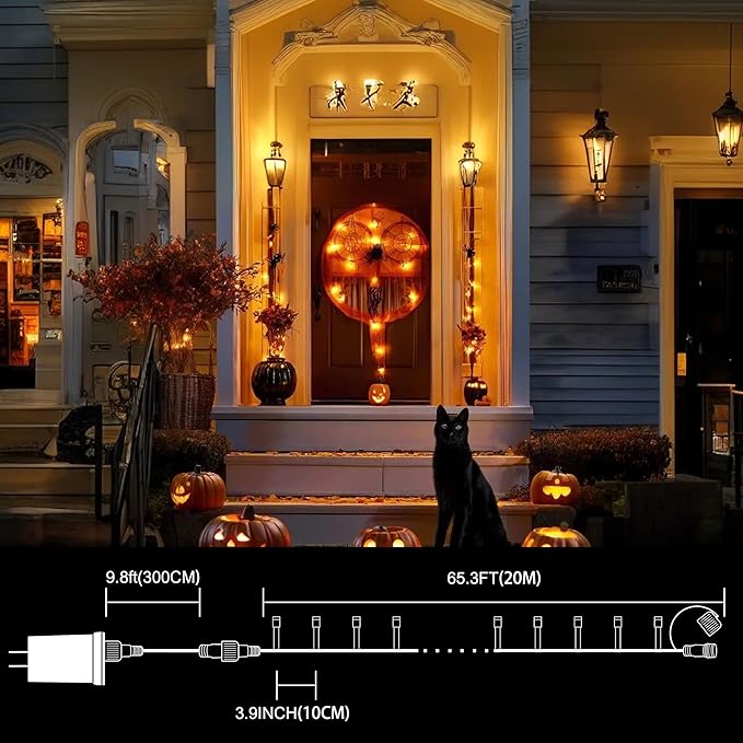 66ft Halloween Decorative Mini Lights, 200 LED Transparent Wire Fairy Starry String Lights Plug in, 11 Lighting Modes, for Halloween Decoration Outdoor Xmas Tree Party Decoration (Orange)