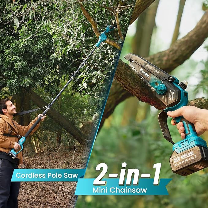 SEESII 2-in-1 Electric Pole Saws: 2-in-1 Brushless Mini Chainsaw Cordless 6 Inch, 2 x 4000mAh Batteries Limb Saw for Tree Trimming, Chain Saw with Extension Pole for Branch Cutter,P6 Ace