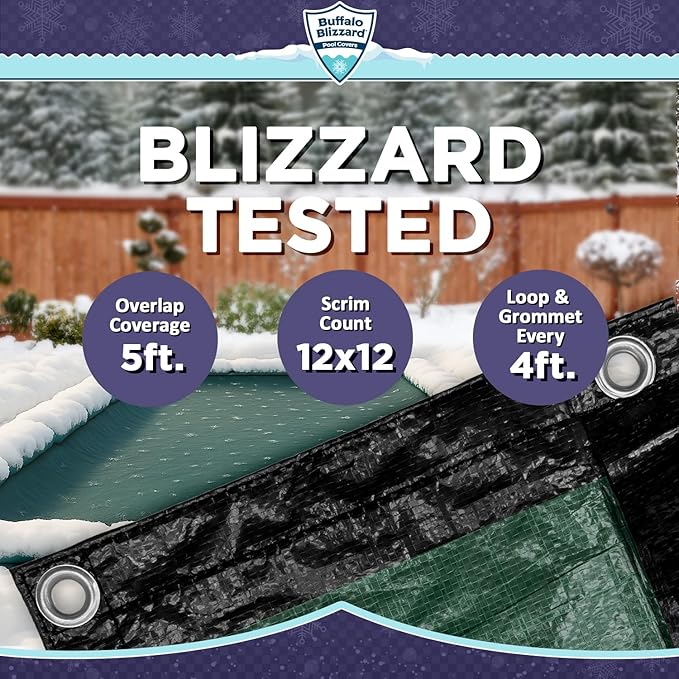Buffalo Blizzard Supreme Plus 12 ft x 20 ft Rectangular Winter Pool Cover | Green/Black | Heavy Duty for Above Ground Swimming Pools | Easy Install | Cold & UV Resistant | Seasonal Debris Protection