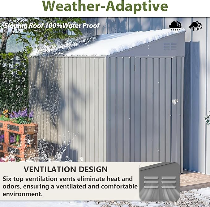 4x8 FT Outdoor Storage Shed,Lean to Lockable Metal Garden Shed Steel with Reinforced Beams,All Weather Waterproof Storage House W/Lockable Door&2 Air Vents,for Backyard,Patio,Lawn,Garden,Gray